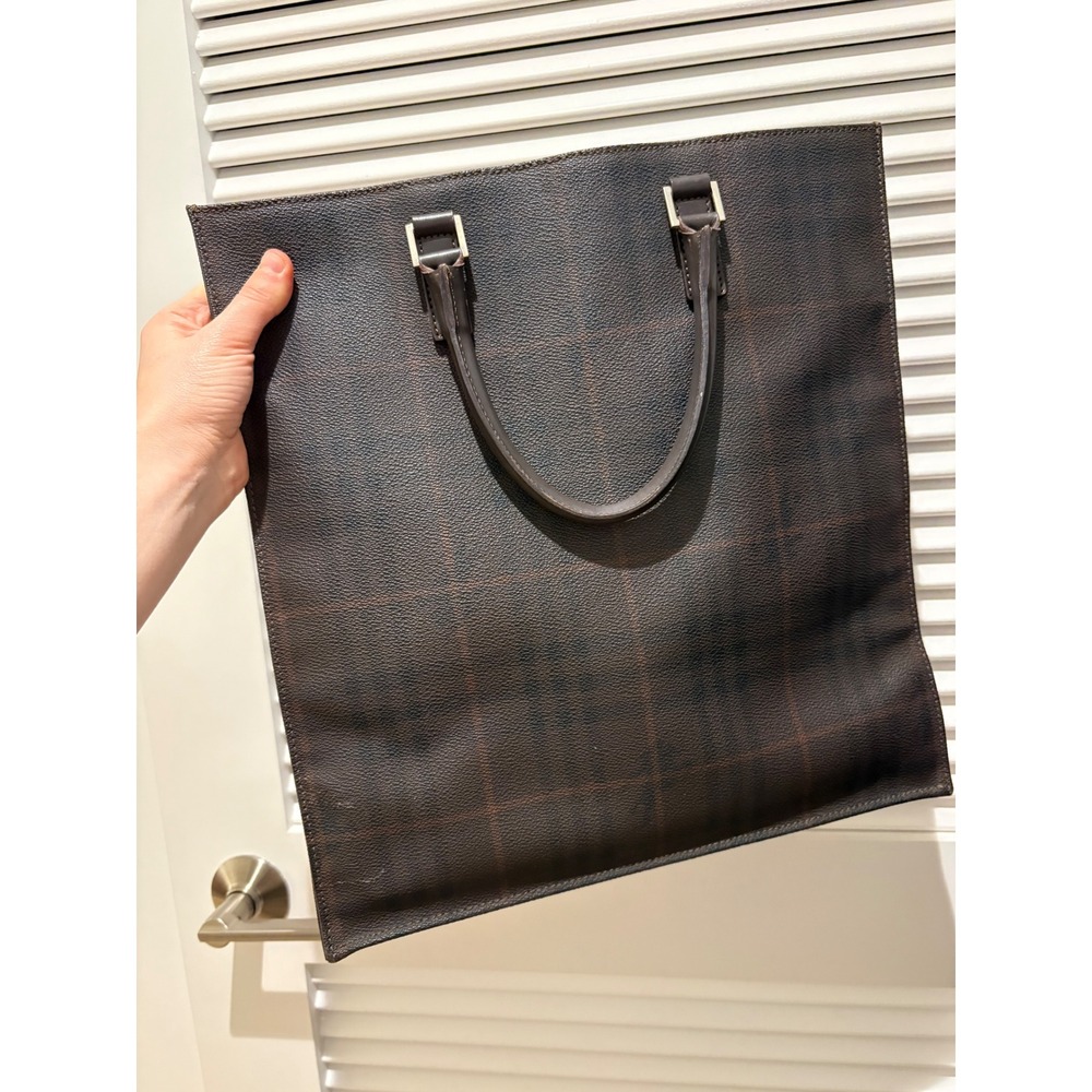 Burberry London Mens Smoked Check Tote Bag Brown Leather Trim Made in Italy - Picture 6 of 14